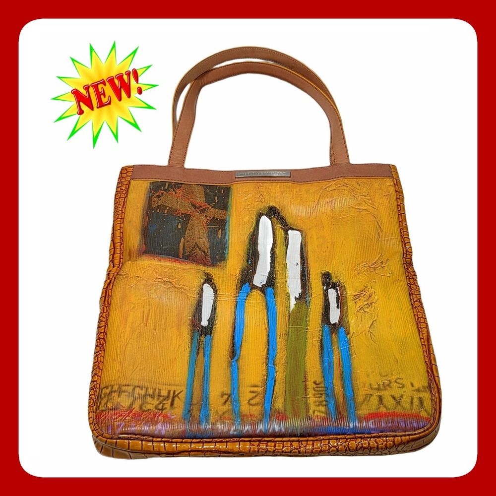 Mario Hernandez Debizan Art Tote Yellow Painted Leather Shoulder Bag Handbag New